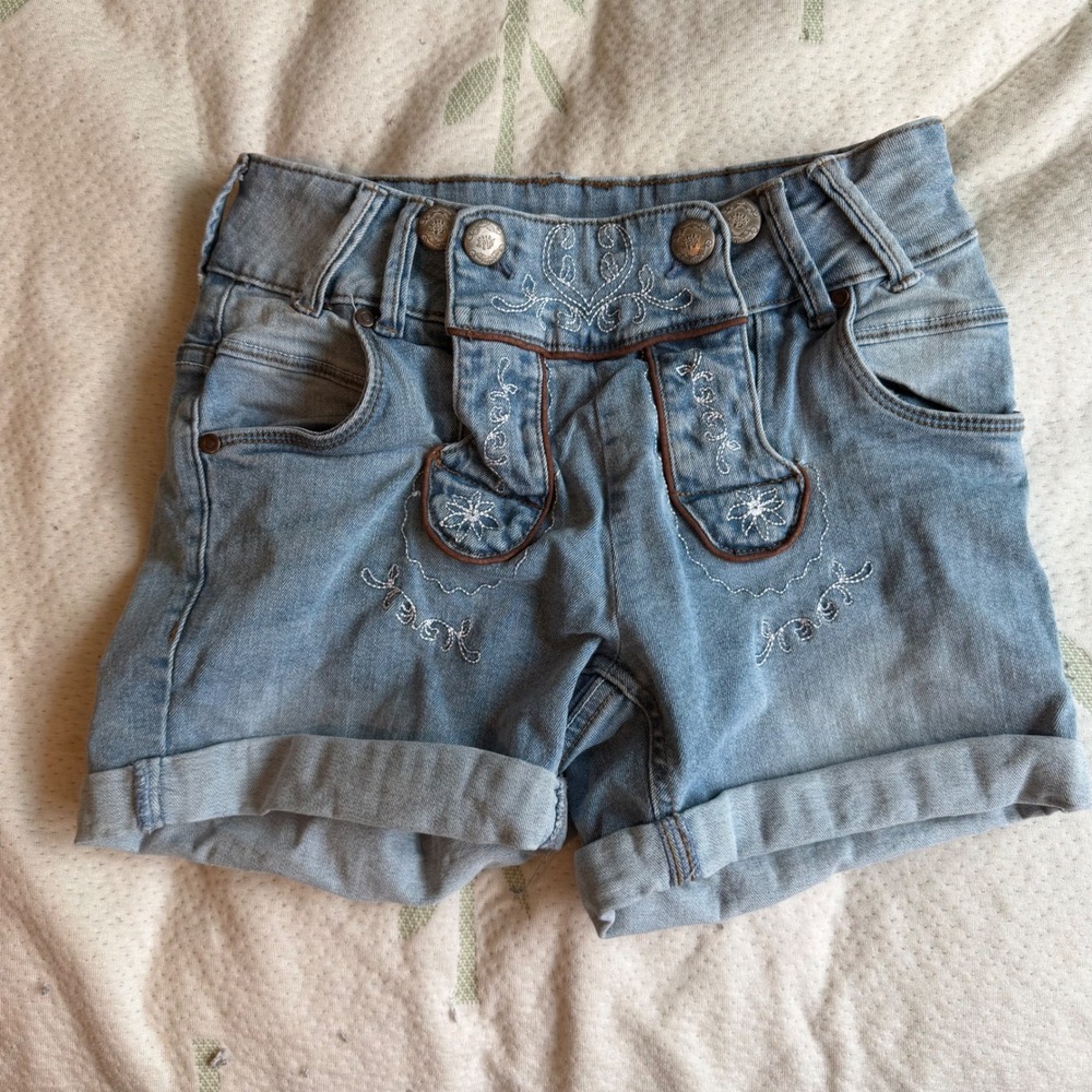Waldschutz Lederhosen Denim Shorts Light Wash Embroidered Alpine Cottagecore 38